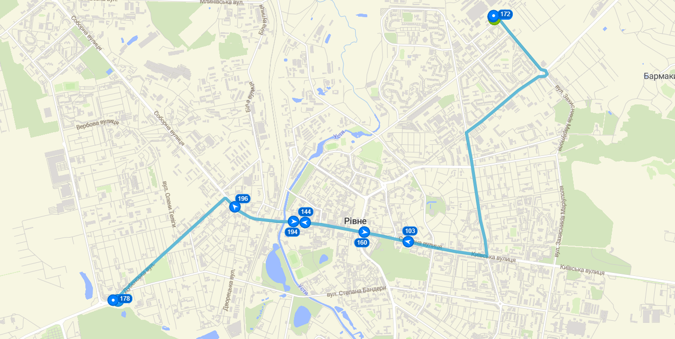 Схема маршруту тролейбса №2 в Рівному